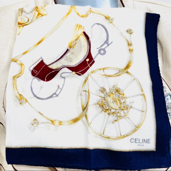 Unused Celine Paris Mini Scarf/Handkerchief Cotton 18 white chariot blue trim(59 - Picture 1 of 7